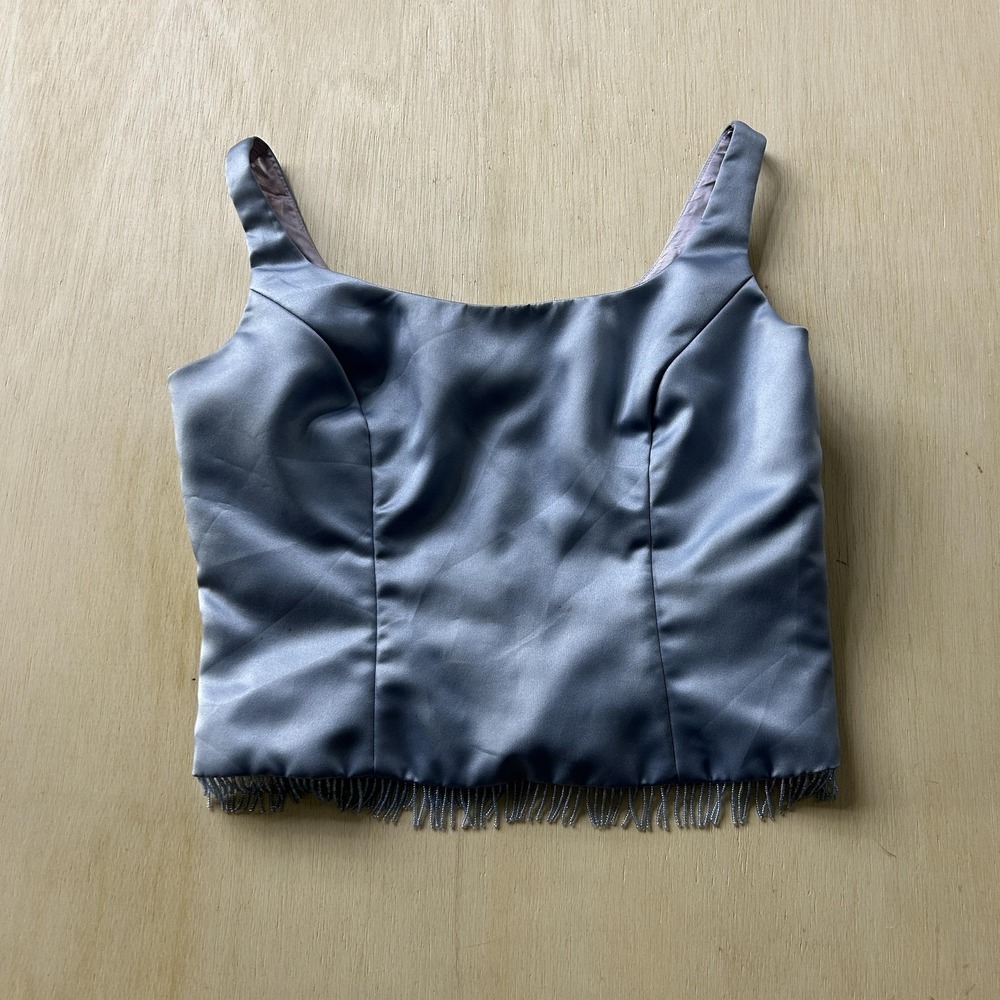 Alfred Angelo Tank Top Womens 4 Blue Satin Square Neck Fringe Wedding Bridesmaid